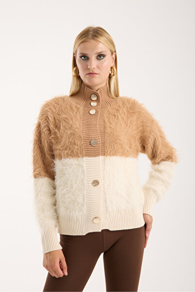 Moda Days Women's Beige-Ecru Beard Yarn Two-Tone Gold Buttoned Stand-Up Collar Knitwear Cardigan