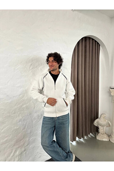 Tam12den Home Eyesof Men's Oversize Stand Collar Zippered Sweatshirt - Chain Embroidered Kangaroo Pocket - White