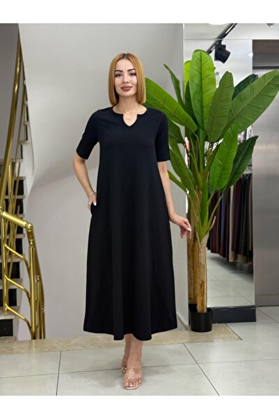 Wear Up Women's Short Sleeve V Neck Pocket Detail Long Janjan Crepe Dress