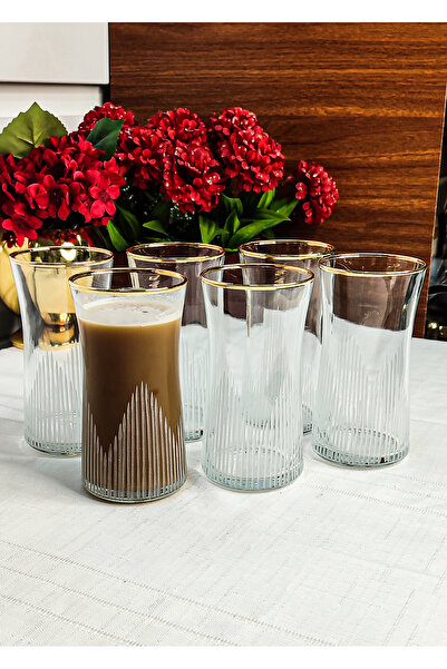 SEÇKİNEV Çınar 6'lı 355ml Yaldızlı ve Kesme Su Bardağı Takımı (Ekose-Line)