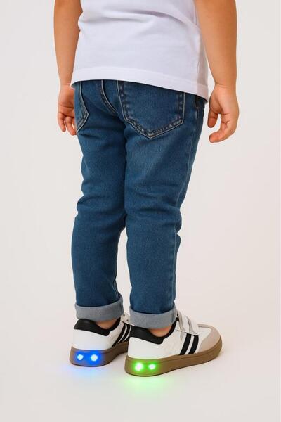 MARKABONİ Daily Unisex Children's Striped Black and White Light-Up Sneaker Velcro Lightweight Comfortable Sports Shoes