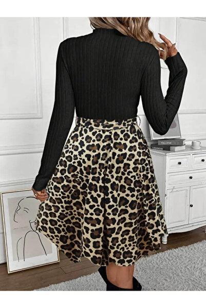 Genel Markalar Kadın Uzun Kollu Balıkçı Yaka Belden Bağlamalı üst Kaşkorse Eteği Dalgıç Elbise