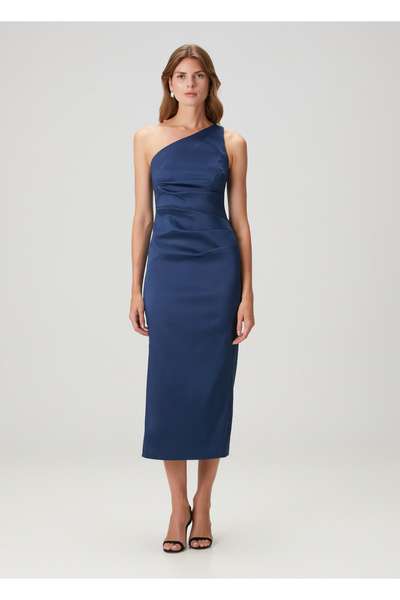 Aidan Mattox Lacivert Tek Omuzlu Midi Kokteyl Elbise