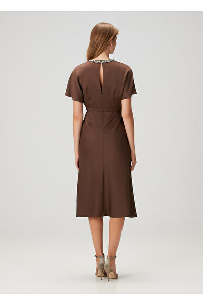 Aidan Mattox Kahverengi Midi Saten Kokteyl Elbise