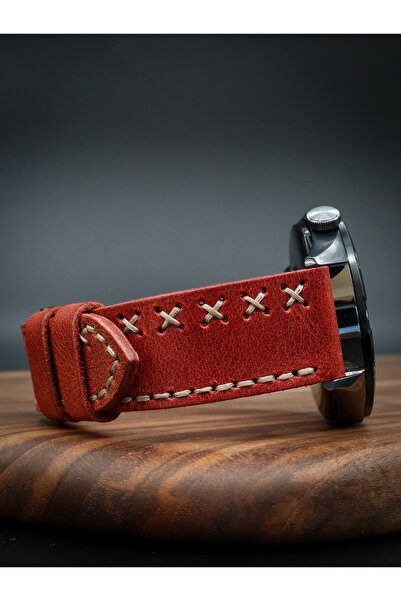 North's Nature Huawei Watch 22mm Deri Kordon | GT2/GT3/GT4/GT5/GT6 Pro | Çapraz Dikişli | Kırmızı | Gümüş Toka