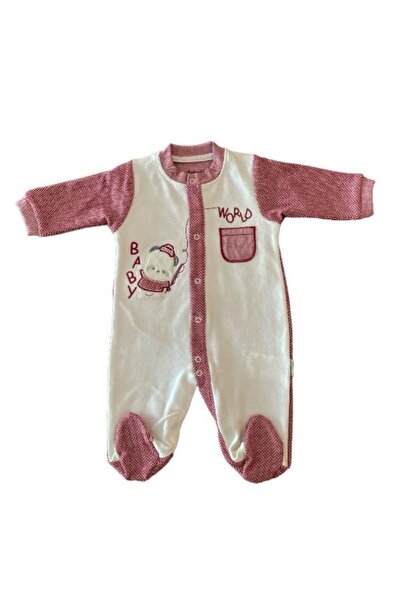 Dumledo Panda Embroidered Houndstooth Patterned Dusty Rose and White Baby Gir...