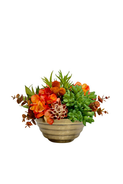 Lara Decor Turuncu Çiçekli Eskitme Kaseli Aranjman