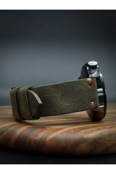 North's Nature حزام ساعة من الجلد الطبيعي مقاس 24 ملم |   الحرف اليدوية |   خياطة جانبية |   كاكي |   مشبك فضي