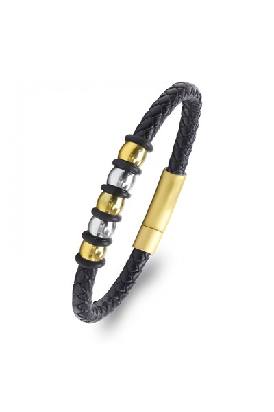 Kuşkaya Ticaret Original Leather and 316L Gold-Tone Steel Men's Bracelet |   ...