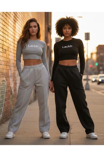 LACKH Pantaloni de sport 2 bucăți negru gri cu picioare largi, cu cordon în față, confortabili, elastici, care nu rețin transpirația