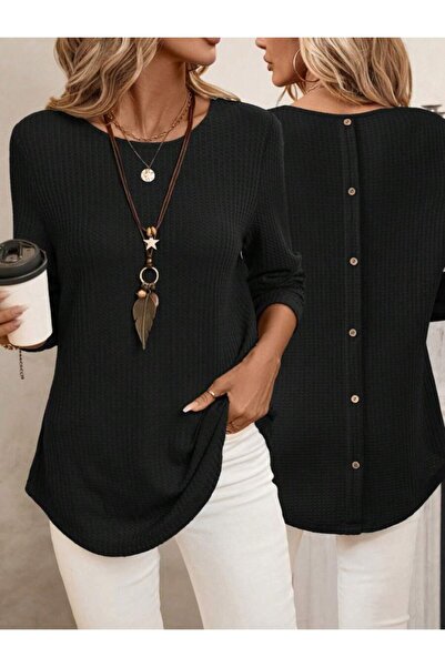 Kokosh moda Women's Long Sleeve Round Neck Back Button Waffle Blouse