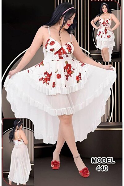 TREN Romantic Rose Print High-Low Sleeveless Ruffled Night Dress V-Neck Sleepwear