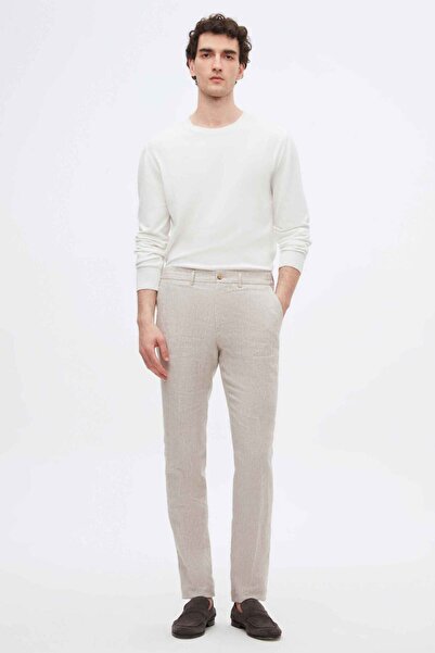 D'S Damat Ds Damat Slim Fit Beige Plain 100% Linen Jogger Pants
