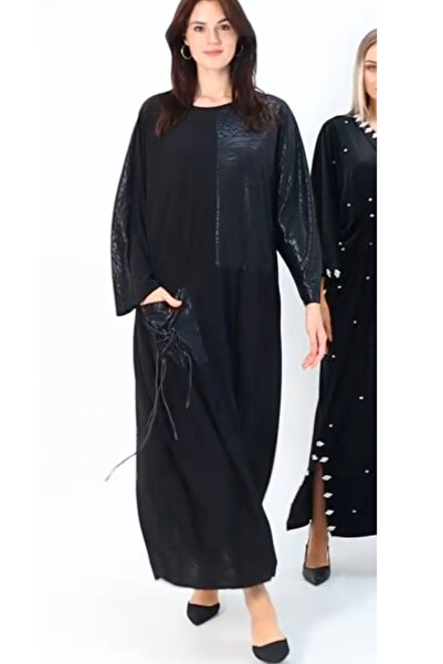 AYASOFYA OTANTIK فستان نسائي أسود برقبة دائرية ونمط عادي من الجلد مع جيوب وتف...