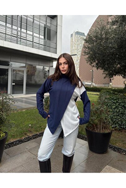 Pasaklı Giyim Women's Thin Acrylic Knitwear Casual Asymmetric Cut Blouse/Sweater Navy Blue White3513165