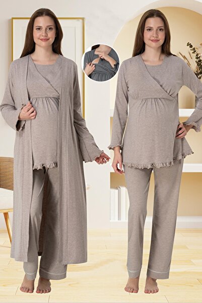 Lohussa Women's Beige Double-Breasted Collar Plain Long Sleeve Maternity Pajama Set with Hidden Nursing Feature