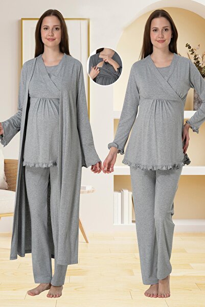 Lohussa Women's Gray Double-Breasted Collar Plain Long-Sleeved Maternity Pajama Set with Hidden Nursing Feature
