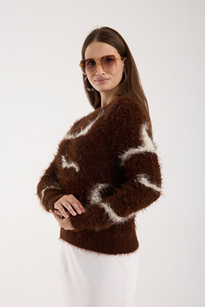 Moda Days Women's Bitter Brown Beard Yarn Pearl Detailed Crew Neck Knitwear Sweater