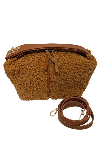 Bo Takı ve Aksesuar Tan Color, Fur, Short Thick Handle, Gold Clip Detail Bag