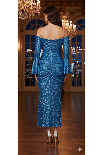 Robes Starplez Uzun Kol Pul Payet Şık Elbise -7096