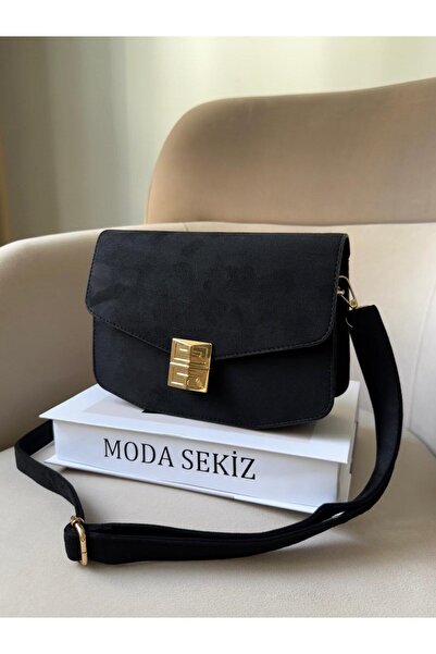 Moda Sekiz Geantă de umăr pentru femei, din piele intoarsa, cu detaliu auriu