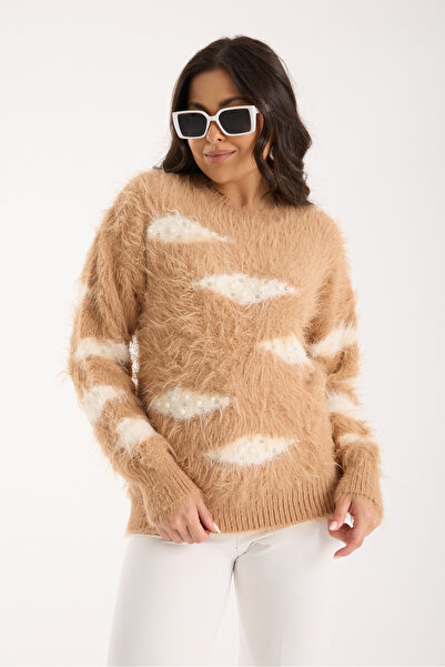 Moda Days Women's Beige Beard Yarn Stone and Pearl Detailed Crew Neck Knitwear Sweater