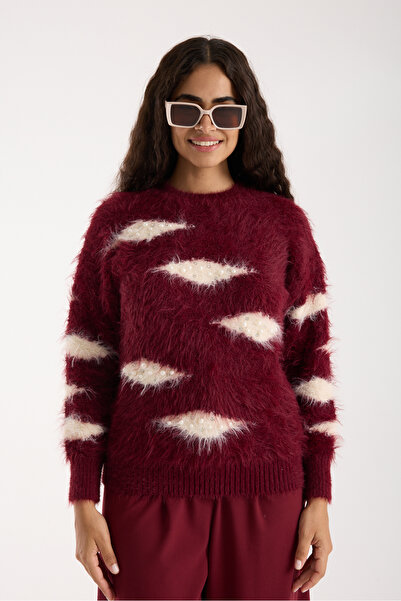 Moda Days Women's Burgundy Beard Yarn Stone and Pearl Detailed Crew Neck Knitwear Sweater