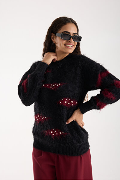Moda Days Women's Black-Burgundy Beard Yarn Stone and Pearl Detailed Crew Neck Knitwear Sweater