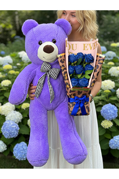Linalux Gifts Sevgiliye - Kız Arkadaşa Doğum Günü - 90cm Mor Ayıcık - Mavi Gü...