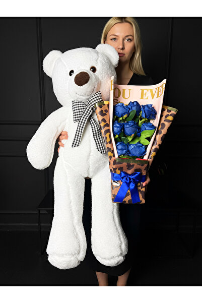 Linalux Gifts Mavi Gül Buketi ve 90cm Ayıcık - Arkadasa Hediye - Ablaya - Ann...