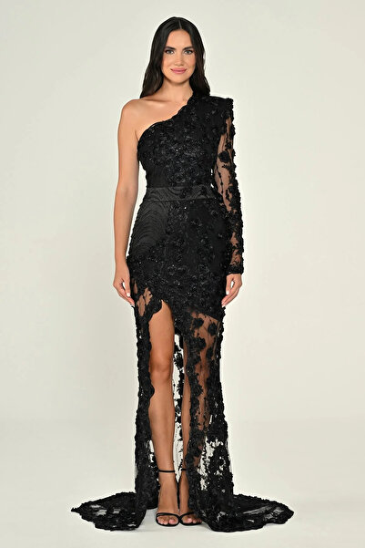 ALFABETA فستان سهرة طويل أسود للنساء مع نقش زهور بارز على الأكمام والساقين وتفاصيل من التول AB7071