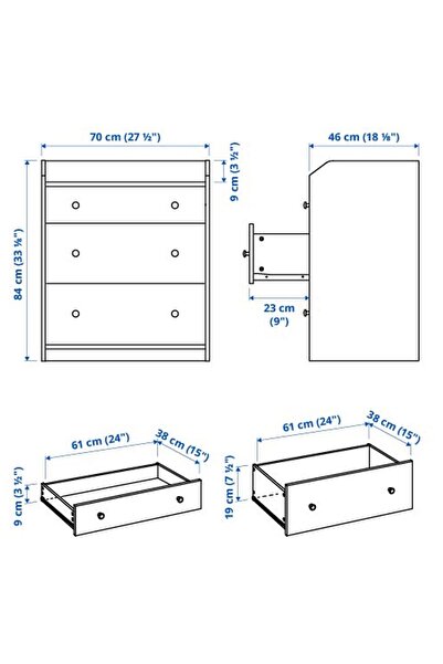 hobiurun 3 çekmeceli şifonyer, beyaz, 70x46x84 cm