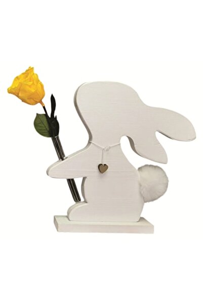 OEM Vază albă în formă de iepure cu trandafir galben conservat, 30 cm