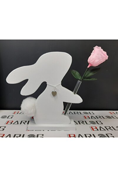 OEM Vază decorativă în formă de iepuraș, albă, cu floare criogenată (trandafir roz), 30 cm