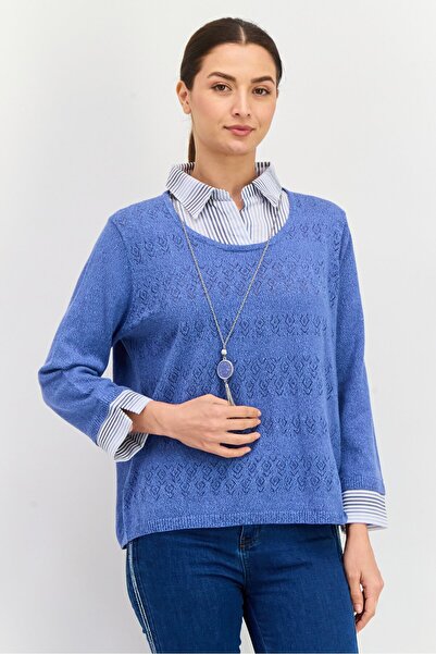 Alfred Dunner Women Pointed Neck Textured Print Long Sleeves Sweater, Blue/White