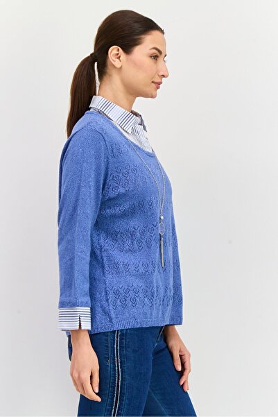 Alfred Dunner Women Pointed Neck Textured Print Long Sleeves Sweater, Blue/White