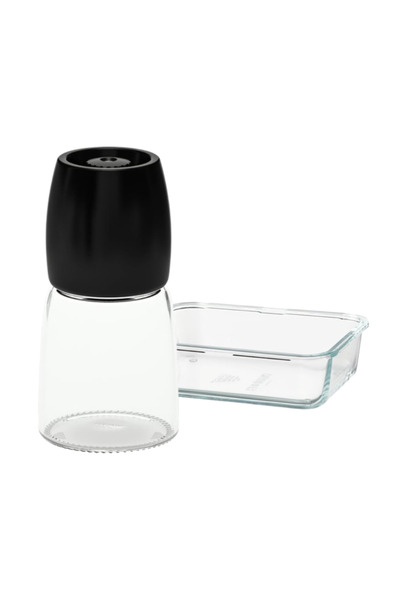 IKEA 365 Plus IHERDIG Spice Mill Black 12.5 cm and 365 Plus Glass Food Container 1.0L Kitchen Set