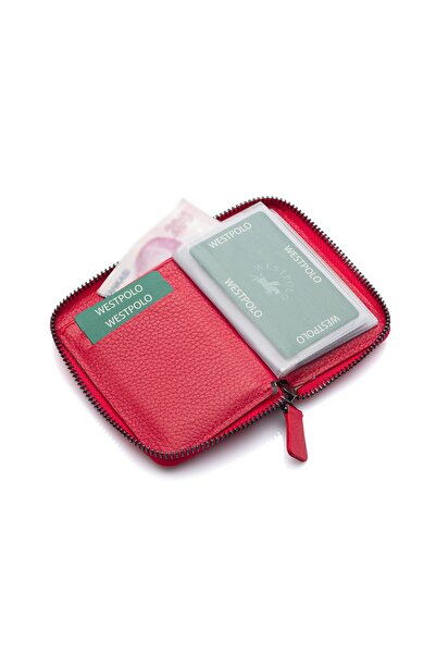 Westpolo Hakiki Deri Bol Şeffaf Kart Bölmeli Fermuarlı Unisex Cüzdan - Kırmızı