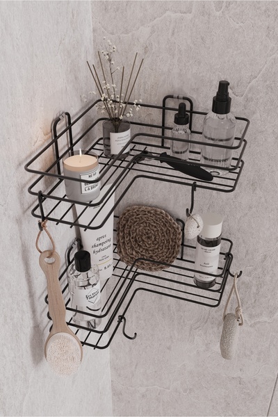 EVA METAL TASARIM Yapışkanlı 2 Adet Banyo Köşeliği Köşe Rafı Duş Şampuanlık Duvar DüzenleyiciOrganizer Raf Siyah Metal
