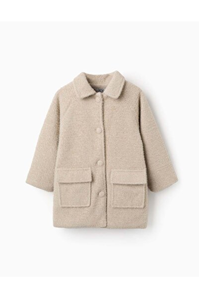 Ziddy Fluffy Buttoned Jacket for Girls, Beige