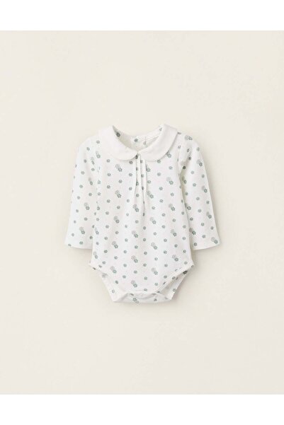 Ziddy بدلة جسم مزينة بالزهور مع ياقة دائرية للبنات حديثات الولادة، أبيض/أخضر