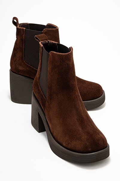 LuviShoes Γυναικείες μπότες με τακούνι LYSA καφέ σουέντ ελαστικό από γνήσιο δέρμα