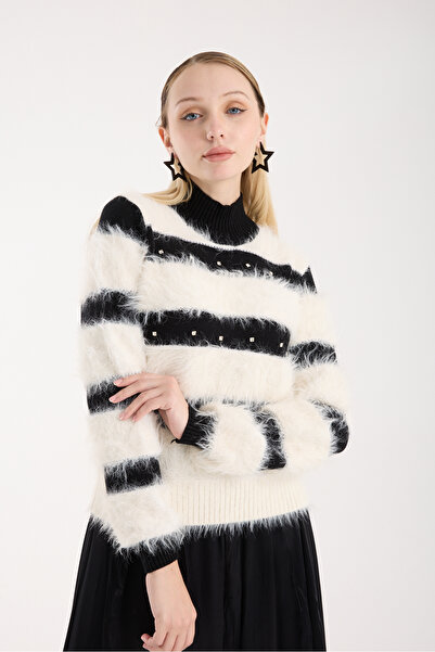 Moda Days Women's Ecru Beard Yarn Stone Detailed Half Turtleneck Knitwear Sweater