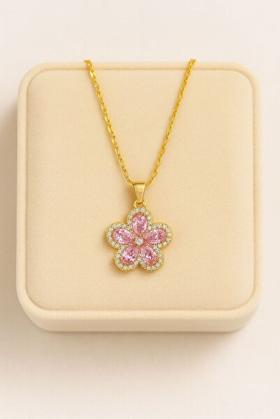 ESYURA ACCESSORIES Çelik Kolye - Pembe Taşlı Çiçek Model Gold Kadın Paslanmaz...
