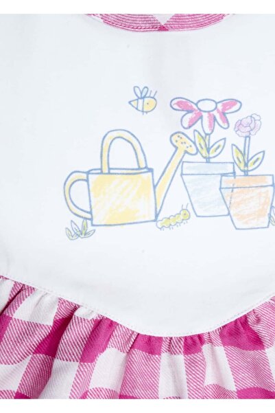 Ozmoz By Mukadder Özden White Summer Baby Girl Dress with Short Sleeves and Pink Plaid Skirt