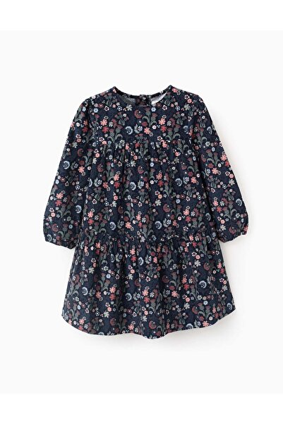 Ziddy Floral Corduroy Cotton Dress for Girls 'B&S', Blue