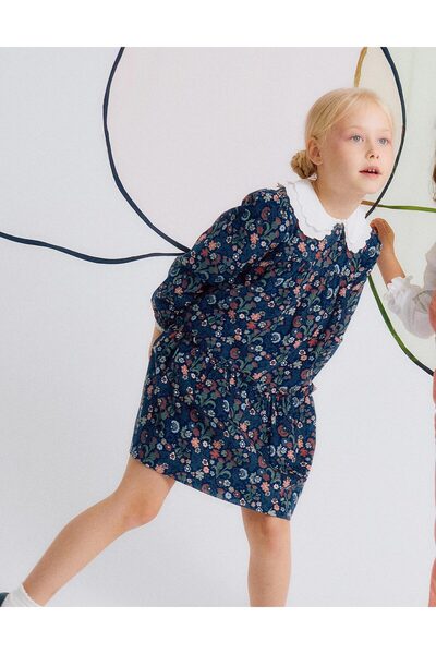 Ziddy Floral Corduroy Cotton Dress for Girls 'B&S', Blue