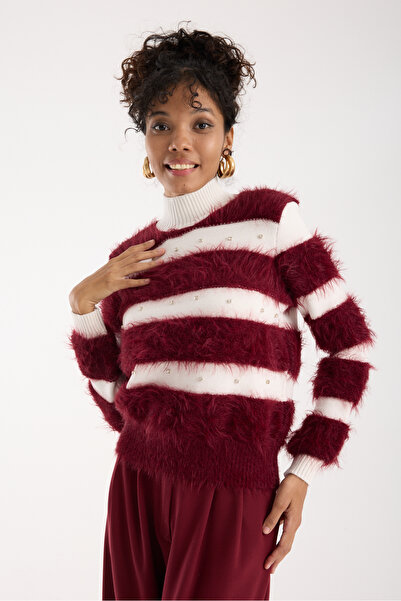 Moda Days Women's Burgundy Beard Yarn Stone Detailed Half Turtleneck Knitwear Sweater