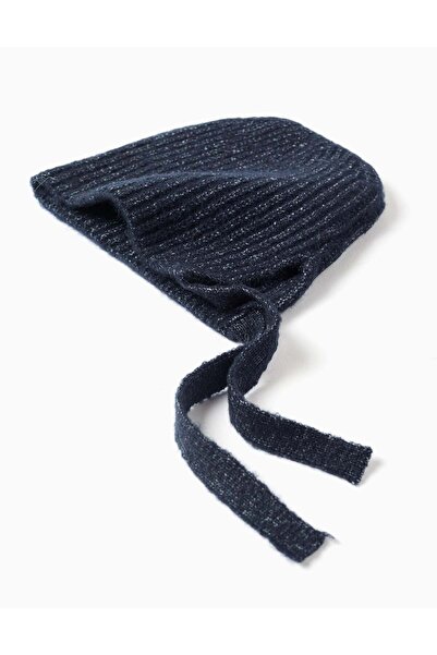 Ziddy Ribbed knit beanie with side straps for newborn girls, dark blue