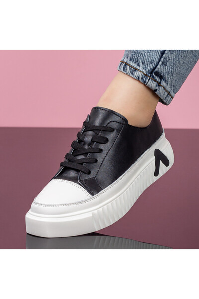 BMoD Teniși negri din piele pentru femei cu șireturi MOD06204